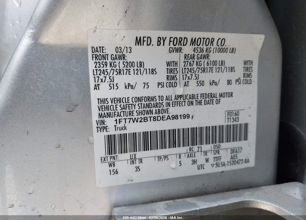 2013 FORD F-250 XLT VIN: 1FT7W2BT8DEA98199