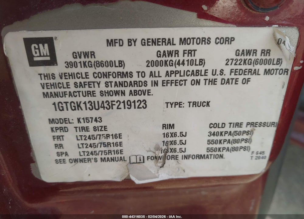 2003 GMC SIERRA 1500HD SLT VIN: 1GTGK13U43F219123