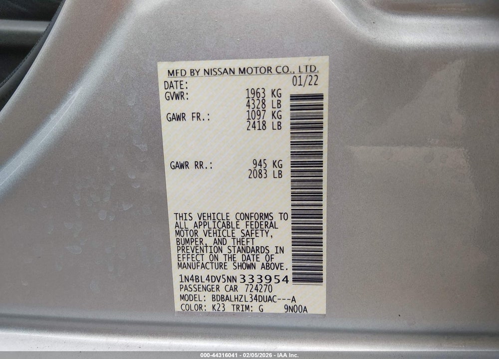 2022 NISSAN ALTIMA SV FWD VIN: 1N4BL4DV5NN333954
