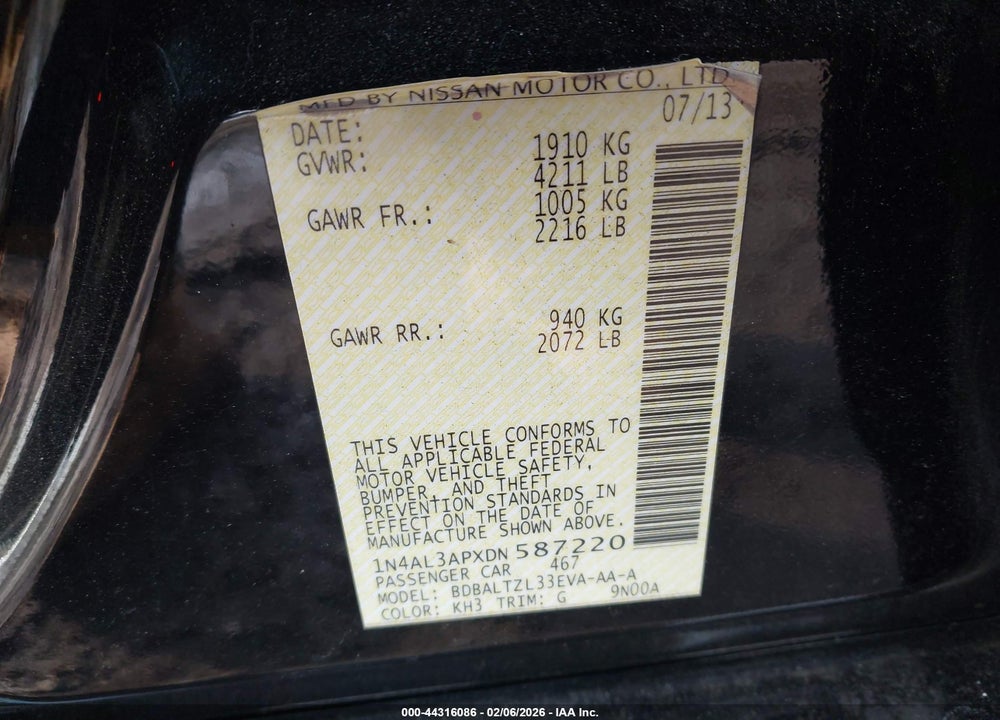 2013 NISSAN ALTIMA 2.5 SV VIN: 1N4AL3APXDN587220