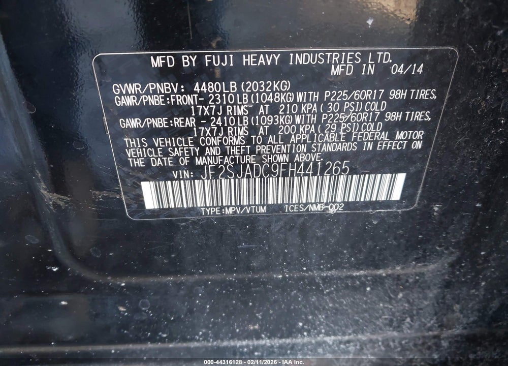 2015 SUBARU FORESTER 2.5I PREMIUM VIN: JF2SJADC9FH441265