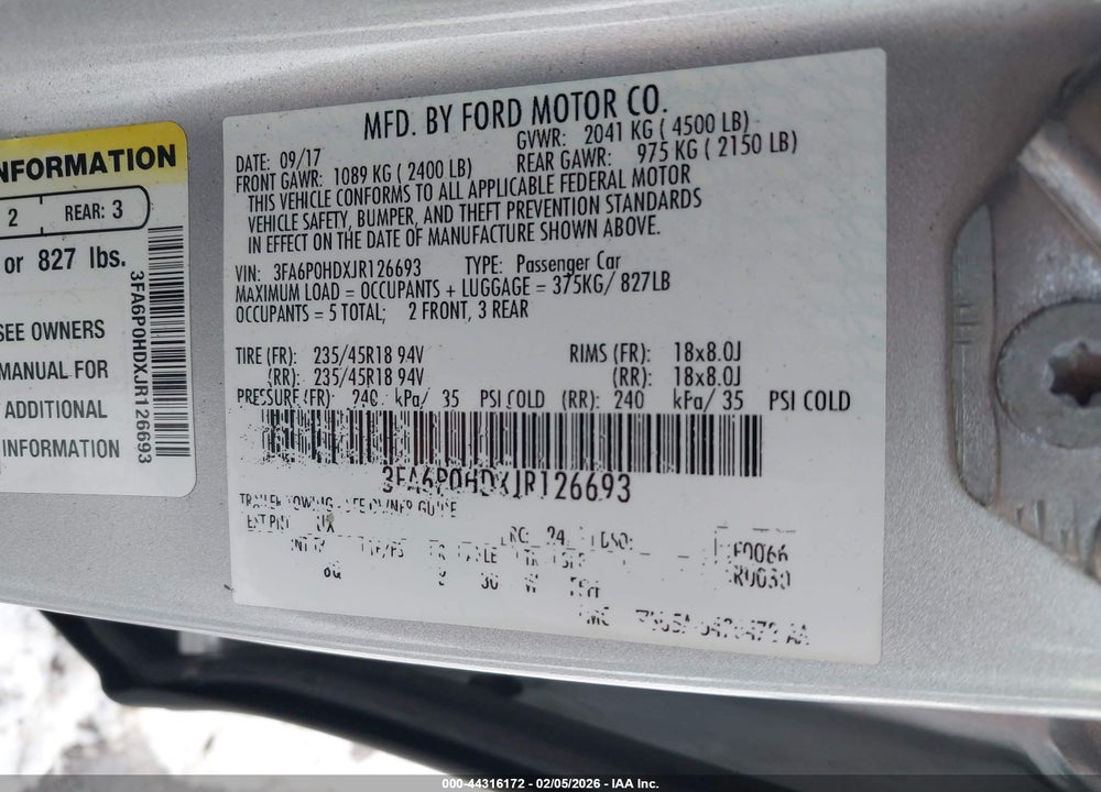 2018 FORD FUSION SE VIN: 3FA6P0HDXJR126693