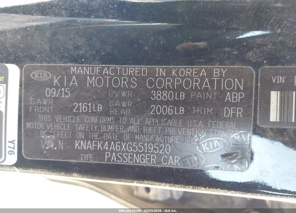 2016 KIA FORTE LX VIN: KNAFK4A6XG5519520