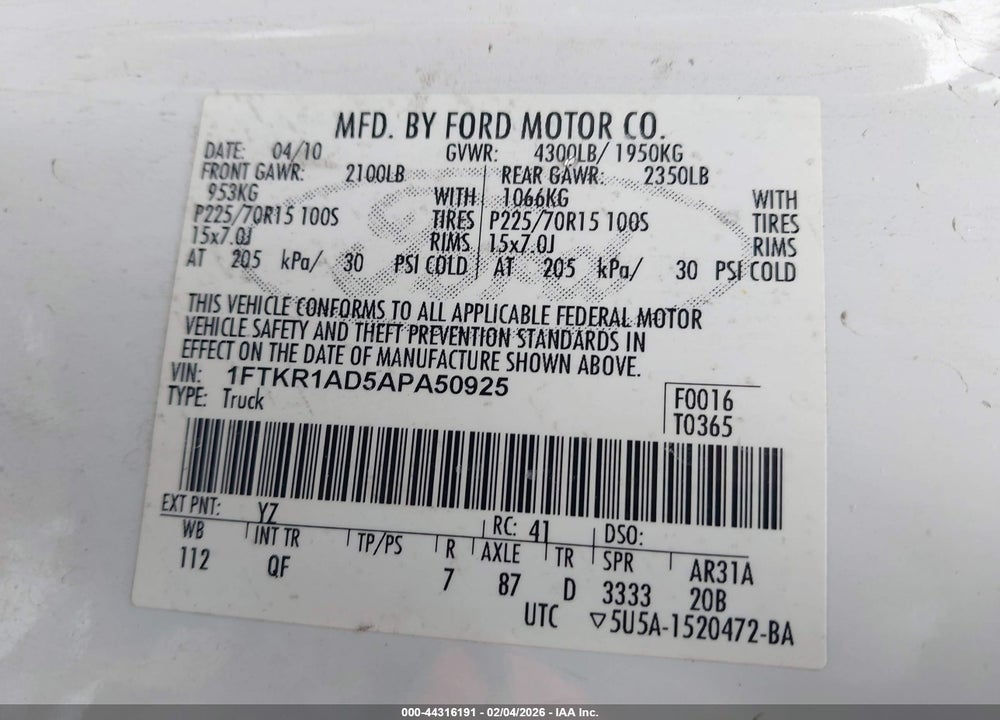 2010 FORD RANGER XL/XLT VIN: 1FTKR1AD5APA50925
