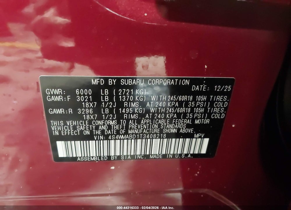 2026 SUBARU ASCENT PREMIUM 7-PASSENGER VIN: 4S4WMABD1T3408218