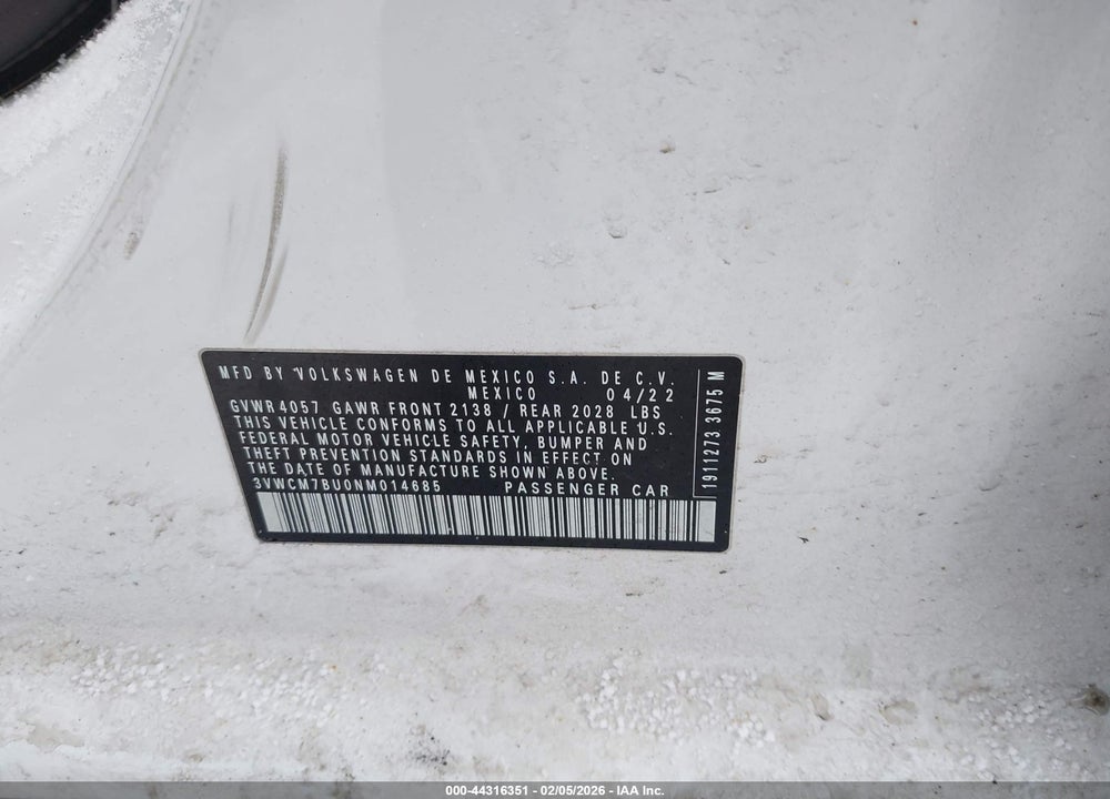 2022 VOLKSWAGEN JETTA 1.5T S VIN: 3VWCM7BU0NM014685