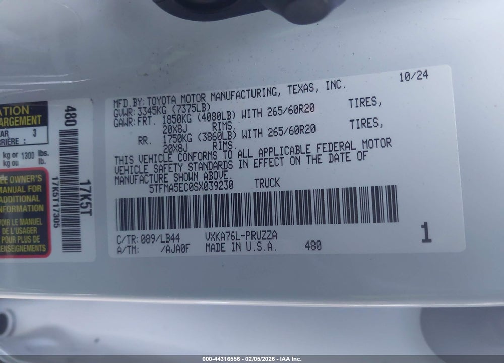 2025 TOYOTA TUNDRA 1794 EDITION VIN: 5TFMA5EC0SX039230