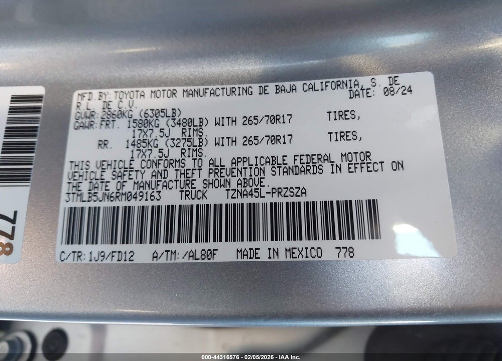 2024 TOYOTA TACOMA TRD OFF ROAD VIN: 3TMLB5JN6RM049163