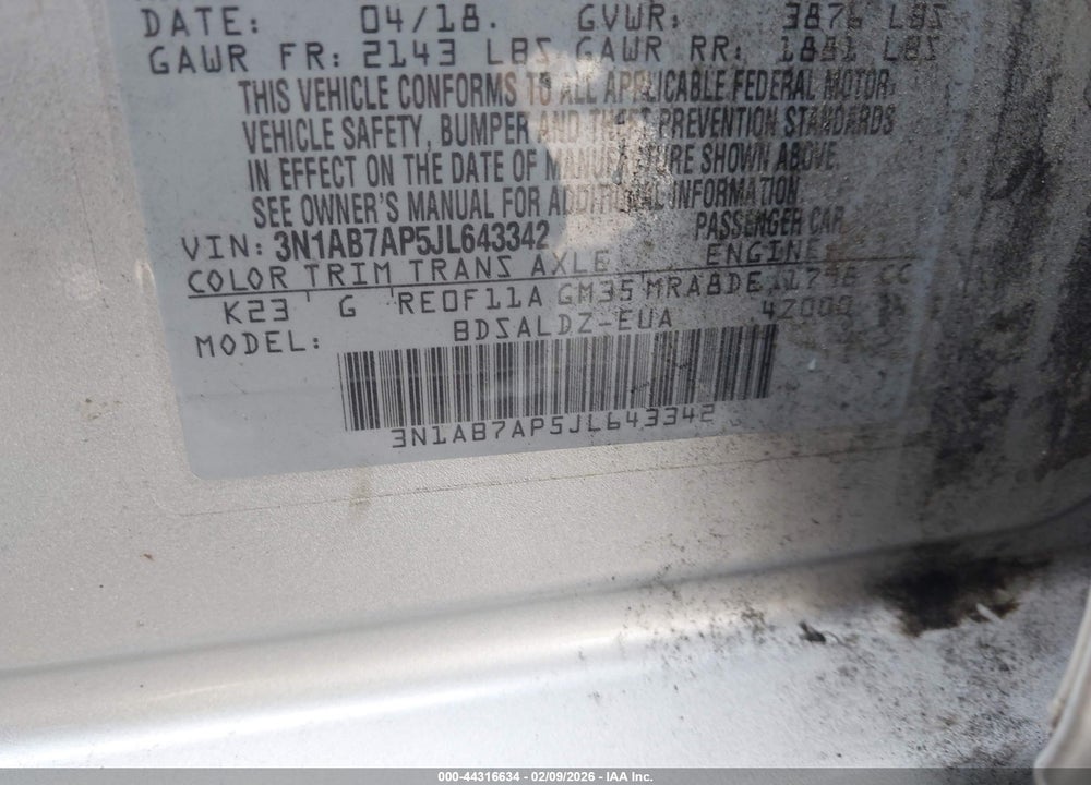 2018 NISSAN SENTRA SV VIN: 3N1AB7AP5JL643342