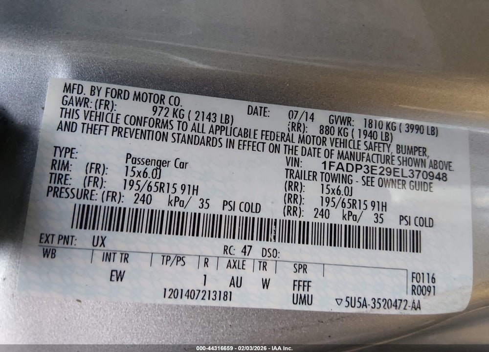 2014 FORD FOCUS S VIN: 1FADP3E29EL370948