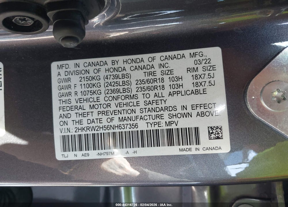 2022 HONDA CR-V AWD EX VIN: 2HKRW2H56NH637356