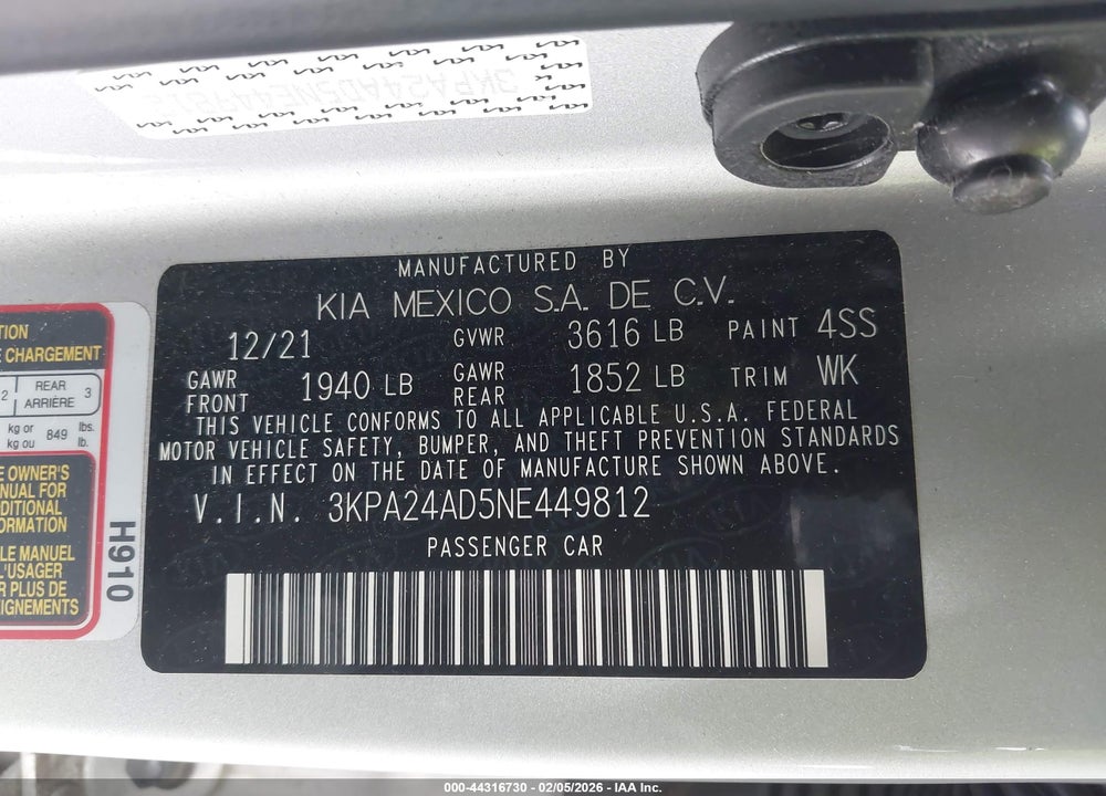 2022 KIA RIO S VIN: 3KPA24AD5NE449812