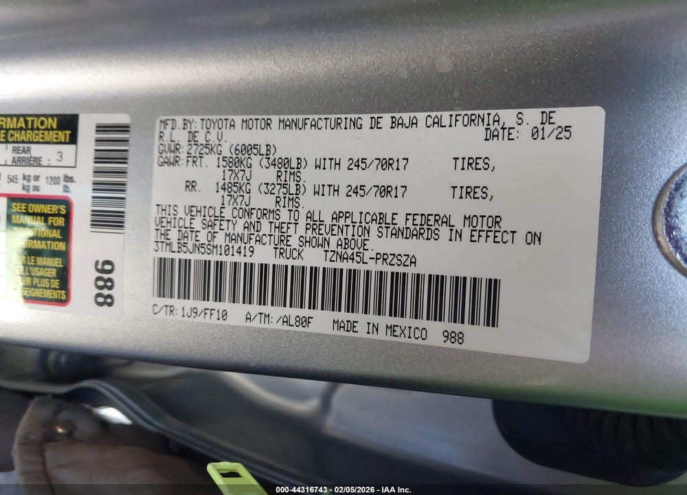 2025 TOYOTA TACOMA SR5 VIN: 3TMLB5JN5SM101419