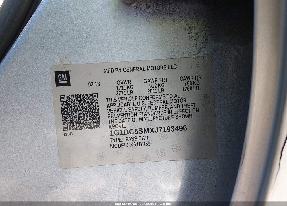 2018 CHEVROLET CRUZE LS AUTO VIN: 1G1BC5SMXJ7193496