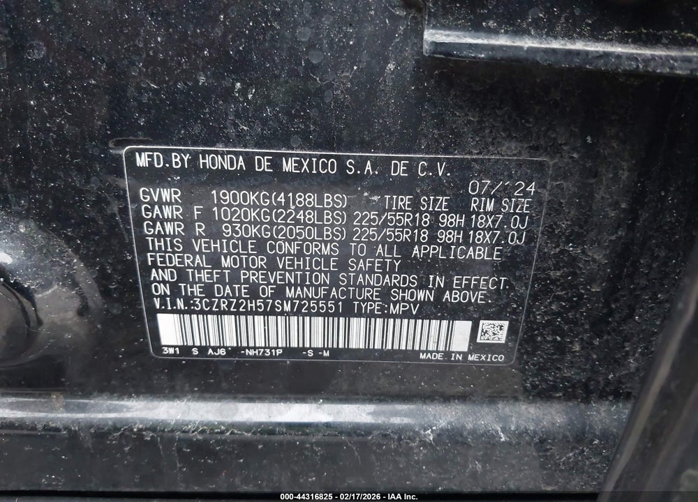 2025 HONDA HR-V AWD SPORT VIN: 3CZRZ2H57SM725551