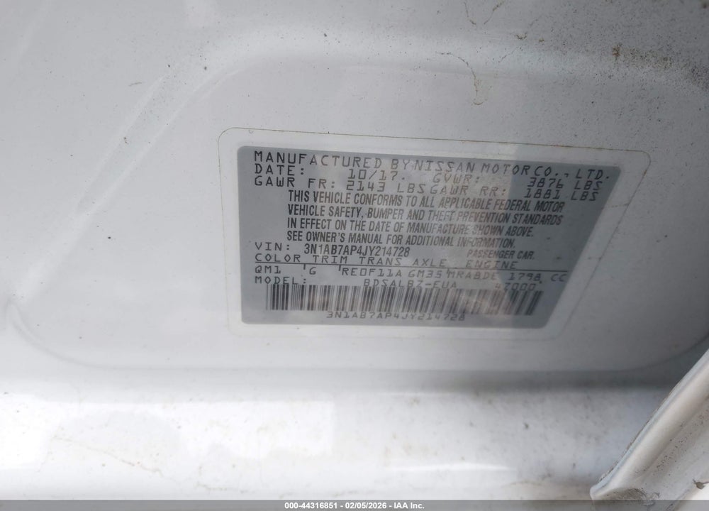 2018 NISSAN SENTRA S VIN: 3N1AB7AP4JY214728