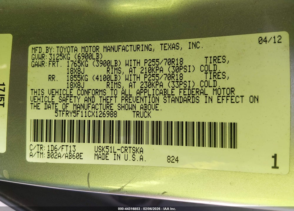 2012 TOYOTA TUNDRA GRADE 5.7L V8 VIN: 5TFRY5F11CX126988