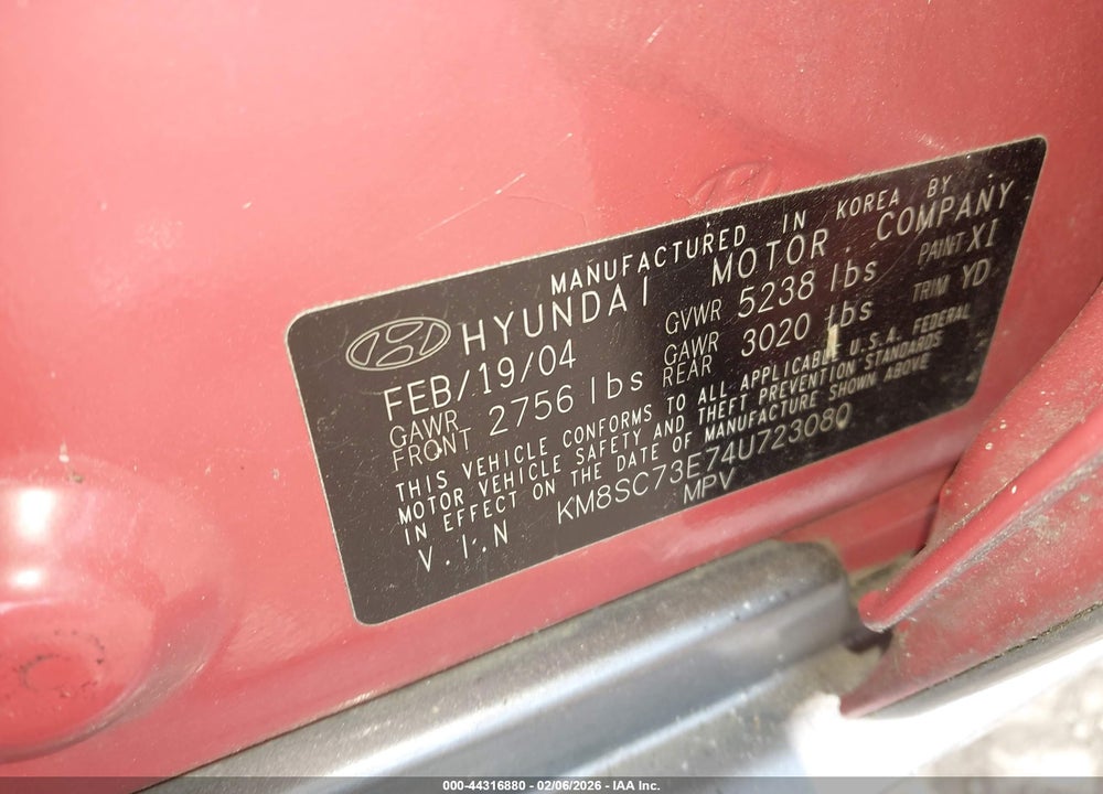 2004 HYUNDAI SANTA FE GLS/LX VIN: KM8SC73E74U723080
