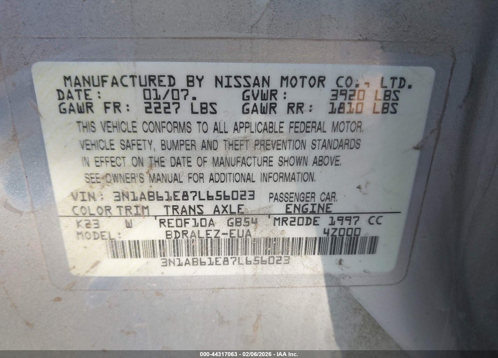 2007 NISSAN SENTRA 2.0S VIN: 3N1AB61E87L656023