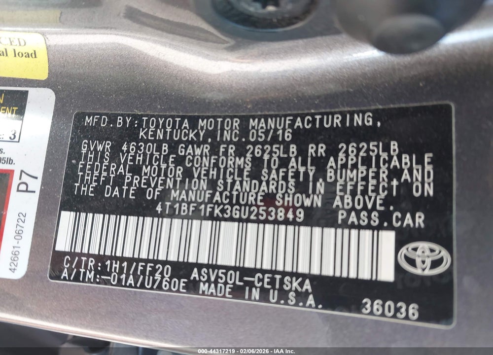 2016 TOYOTA CAMRY SE VIN: 4T1BF1FK3GU253849
