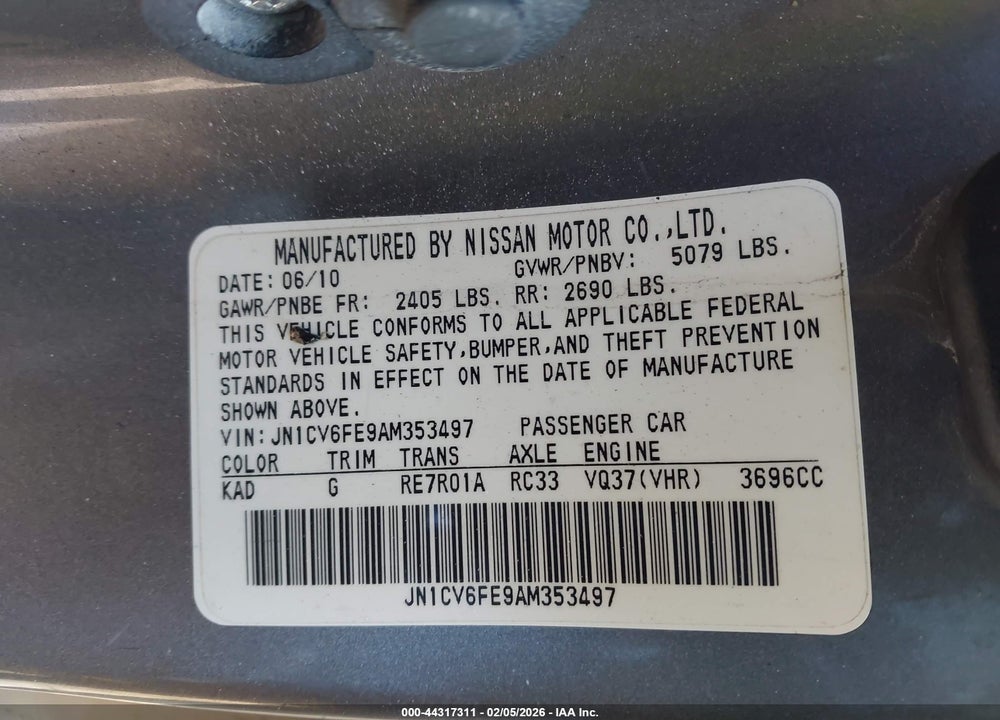 2010 INFINITI G37 VIN: JN1CV6FE9AM353497
