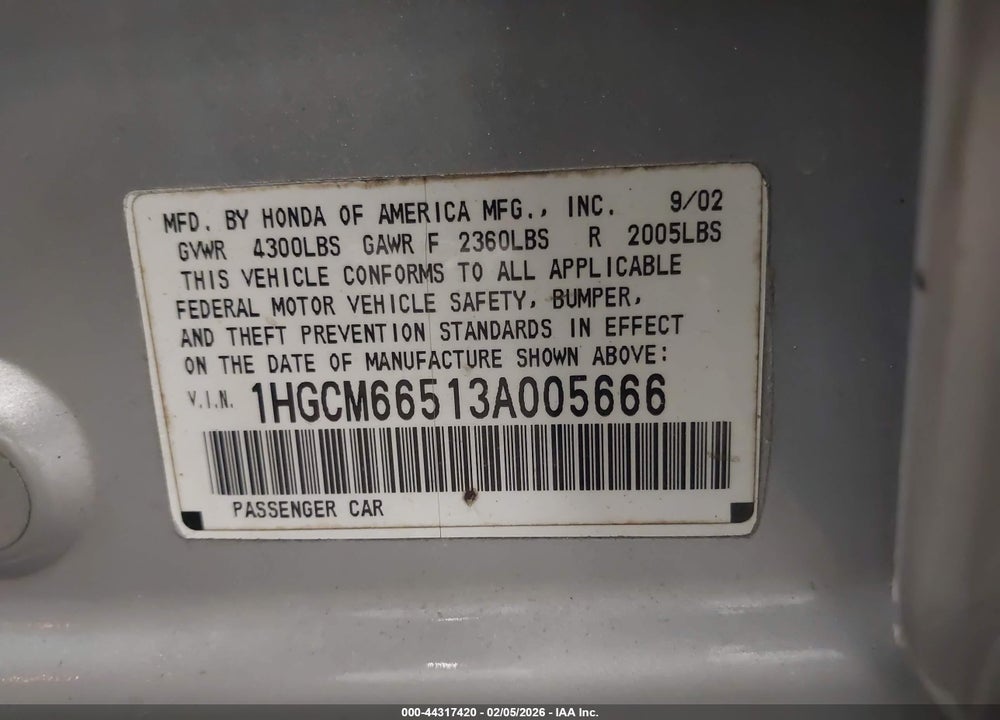 2003 HONDA ACCORD 3.0 EX VIN: 1HGCM66513A005666
