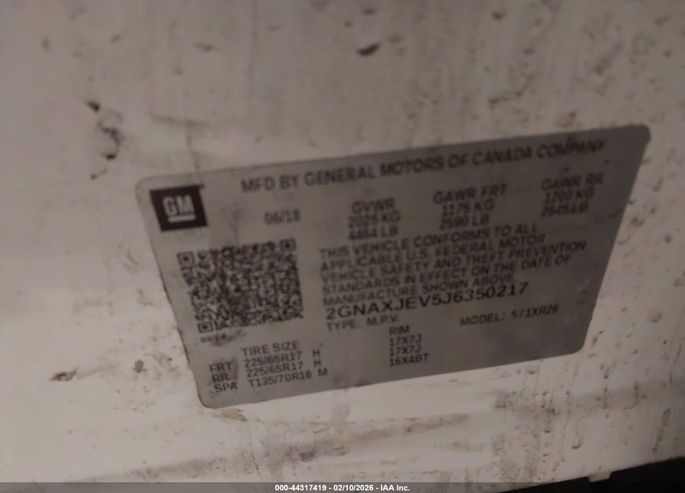 2018 CHEVROLET EQUINOX LT VIN: 2GNAXJEV5J6350217