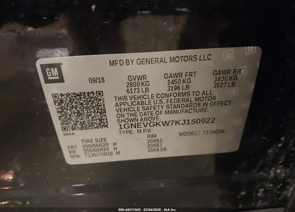 2019 CHEVROLET TRAVERSE 1LT VIN: 1GNEVGKW7KJ150922