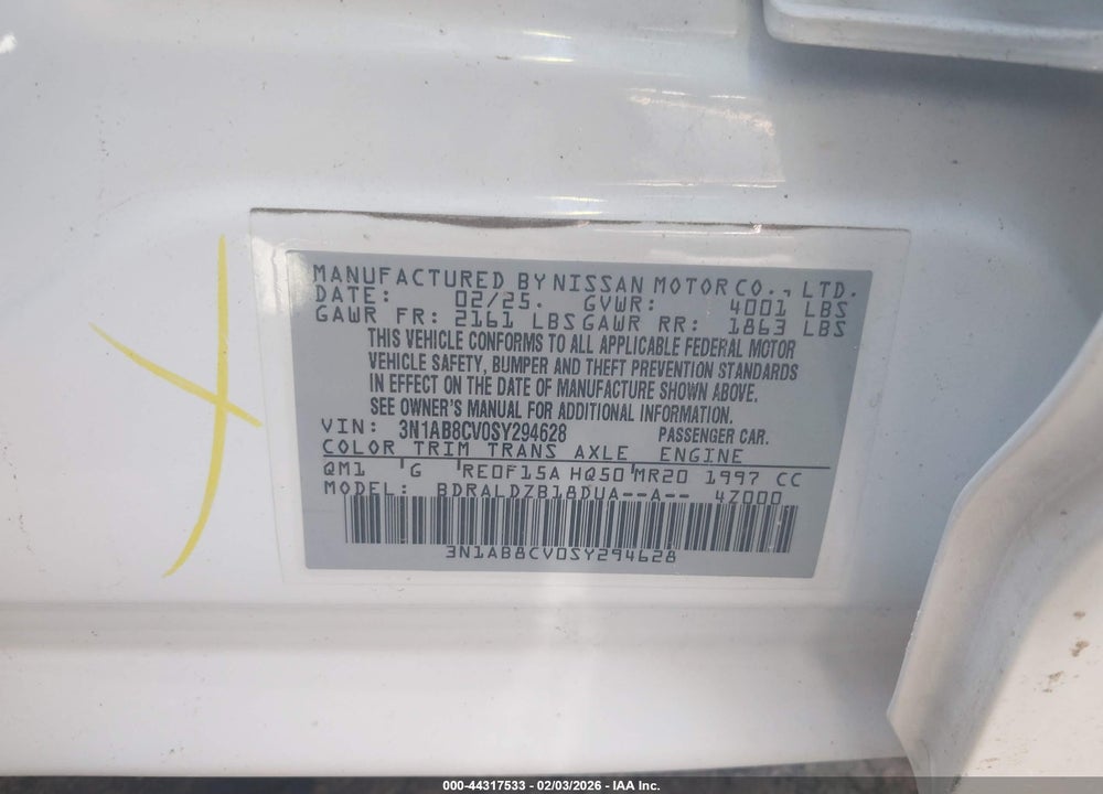 2025 NISSAN SENTRA SV VIN: 3N1AB8CV0SY294628