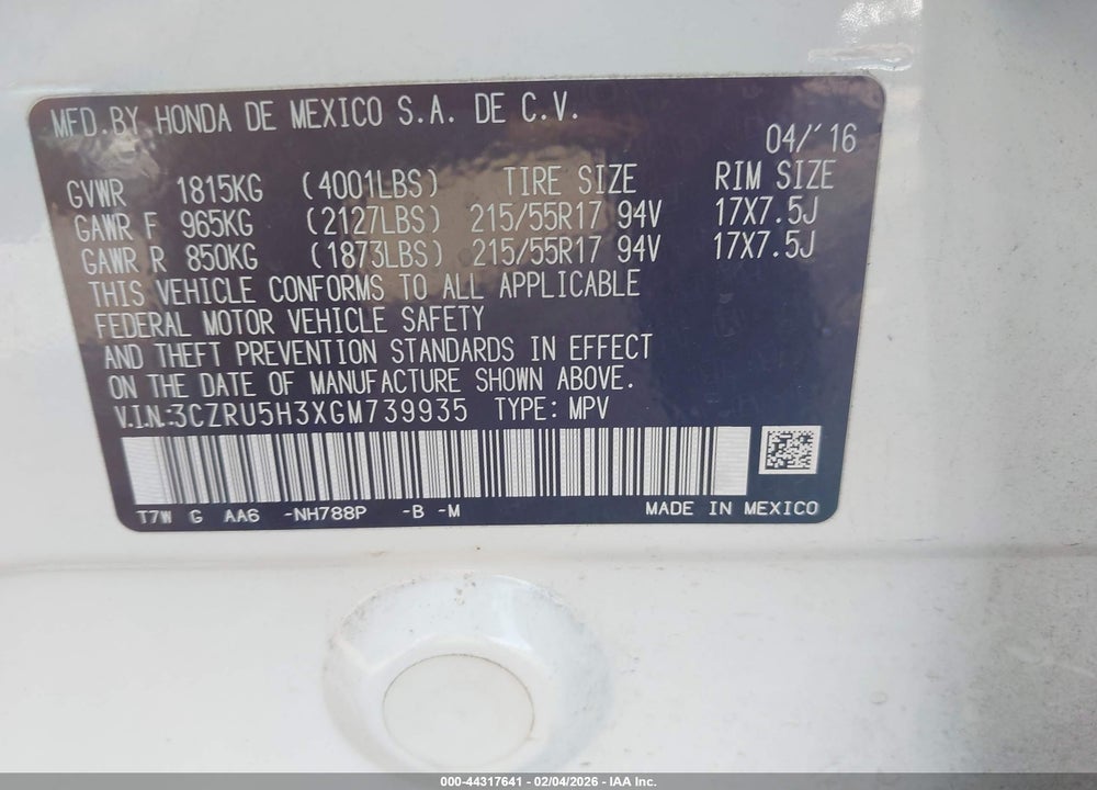 2016 HONDA HR-V LX VIN: 3CZRU5H3XGM739935