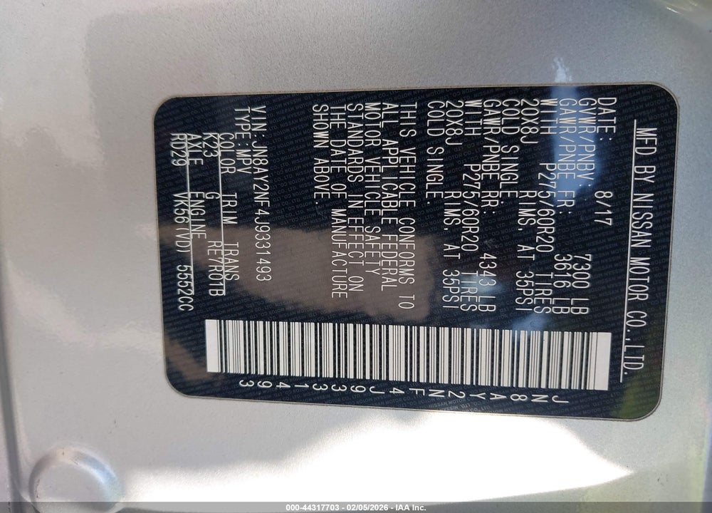2018 NISSAN ARMADA PLATINUM VIN: JN8AY2NF4J9331493