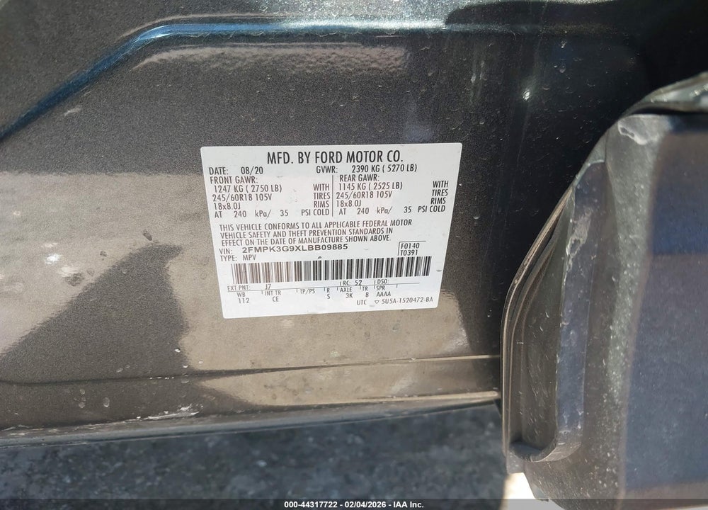 2020 FORD EDGE SE VIN: 2FMPK3G9XLBB09885