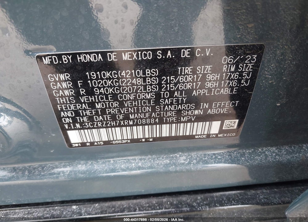 2024 HONDA HR-V AWD EX-L/AWD EX-L W/O BSI VIN: 3CZRZ2H7XRM708884