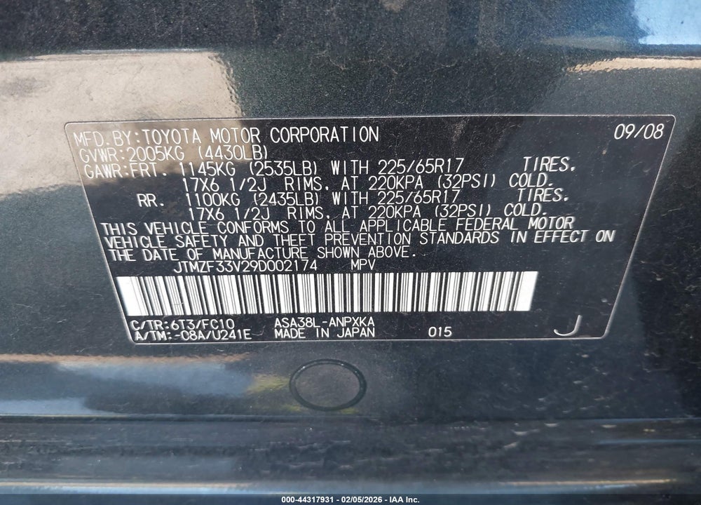 2009 TOYOTA RAV4 VIN: JTMZF33V29D002174