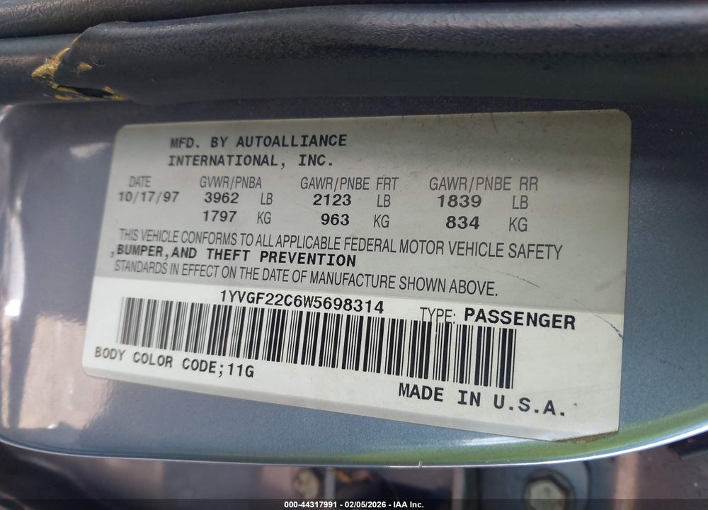 1998 MAZDA 626 DX/LX VIN: 1YVGF22C6W5698314