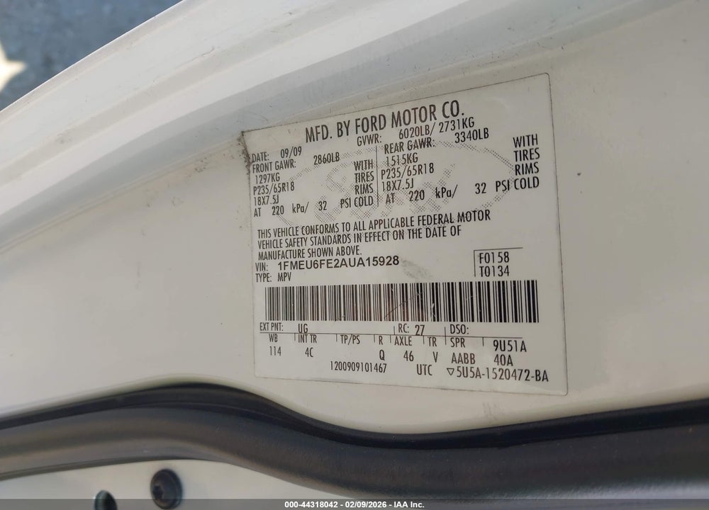 2010 FORD EXPLORER LIMITED VIN: 1FMEU6FE2AUA15928