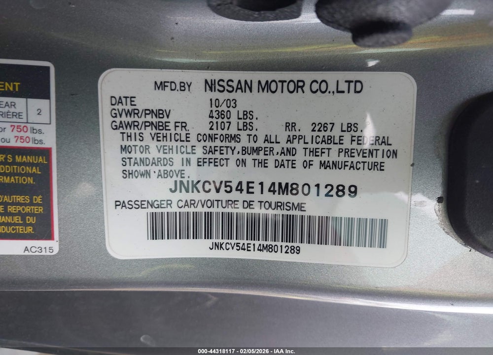 2004 INFINITI G35 VIN: JNKCV54E14M801289