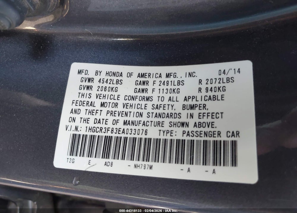 2014 HONDA ACCORD EX-L V-6 VIN: 1HGCR3F83EA033076