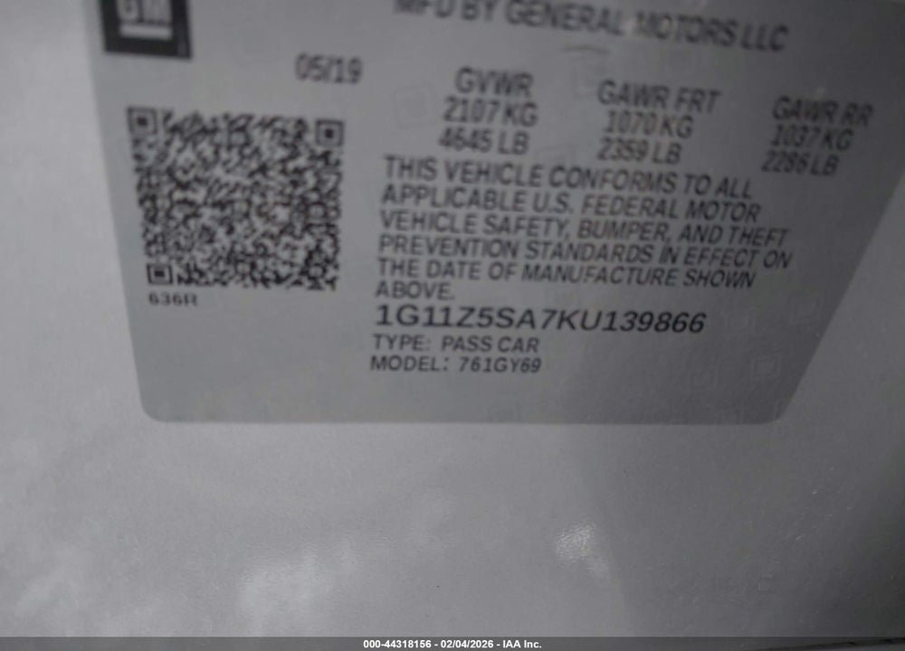 2019 CHEVROLET IMPALA LT VIN: 1G11Z5SA7KU139866