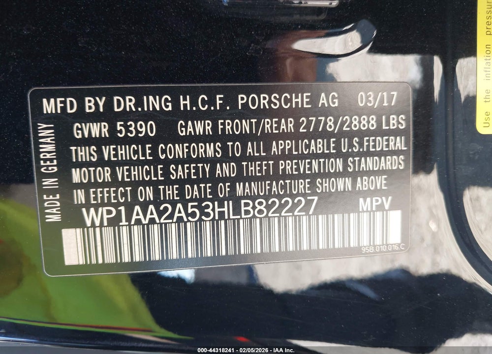 2017 PORSCHE MACAN VIN: WP1AA2A53HLB82227