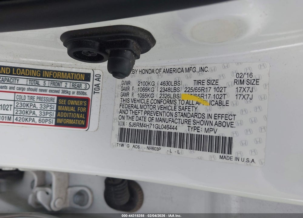 2016 HONDA CR-V EX-L VIN: 5J6RM4H71GL046444