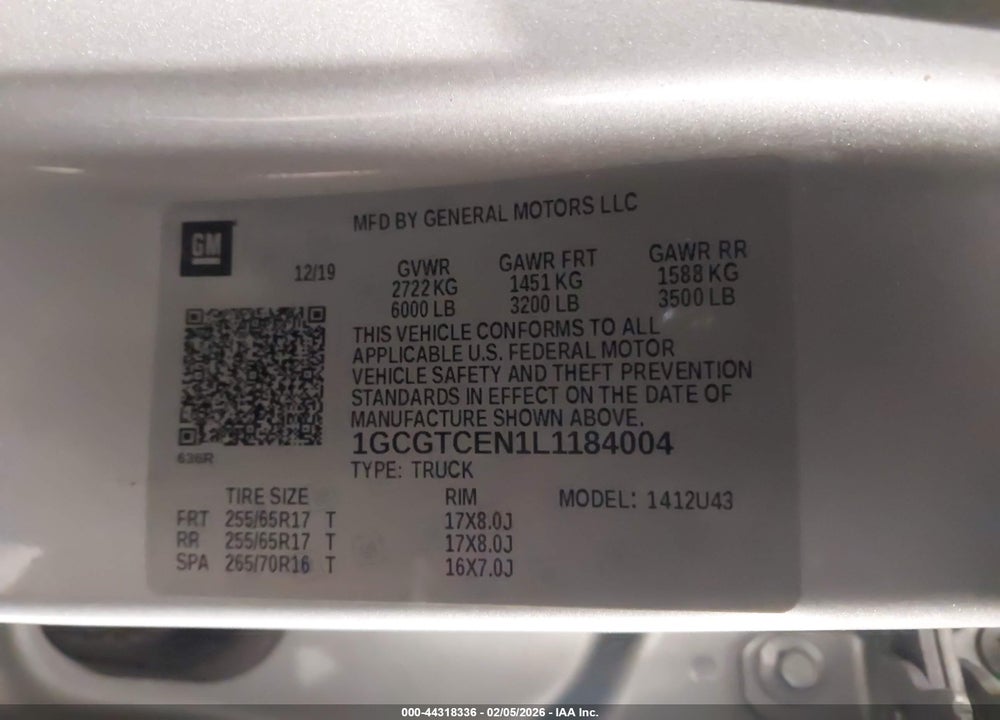 2020 CHEVROLET COLORADO 4WD  LONG BOX LT VIN: 1GCGTCEN1L1184004