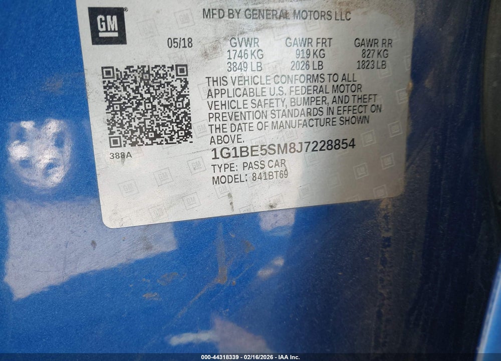2018 CHEVROLET CRUZE LT AUTO VIN: 1G1BE5SM8J7228854
