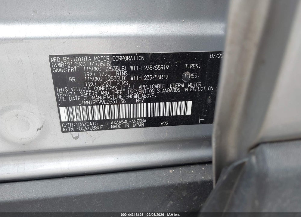 2020 TOYOTA RAV4 LIMITED VIN: JTMN1RFV9LD531138