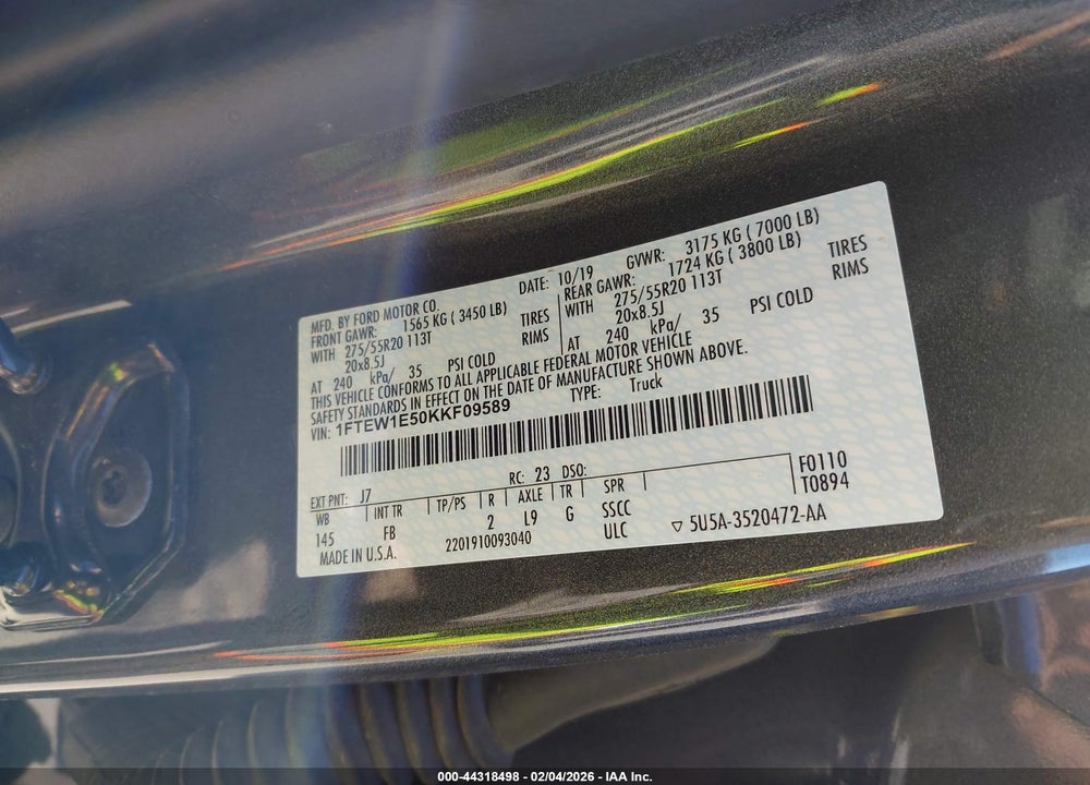 2019 FORD F-150 XLT VIN: 1FTEW1E50KKF09589