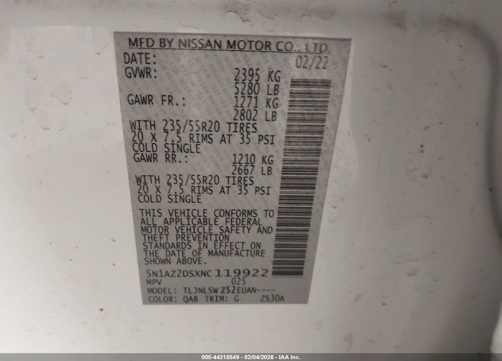 2022 NISSAN MURANO PLATINUM INTELLIGENT AWD VIN: 5N1AZ2DSXNC119922