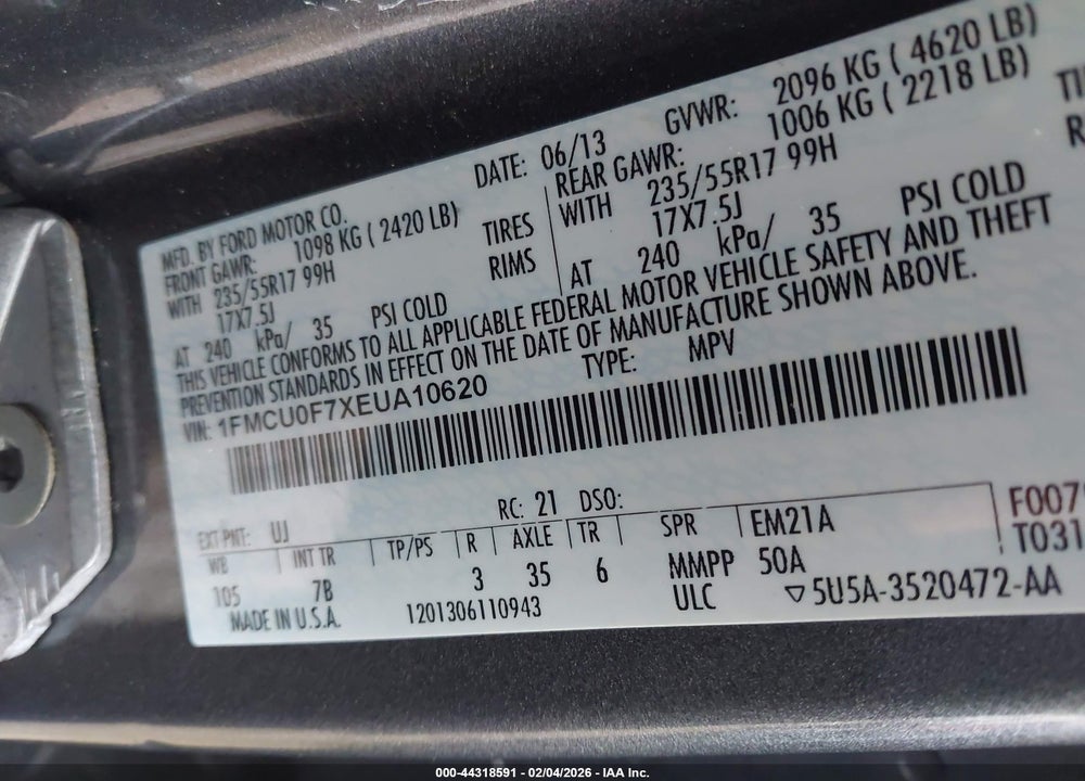 2014 FORD ESCAPE S VIN: 1FMCU0F7XEUA10620