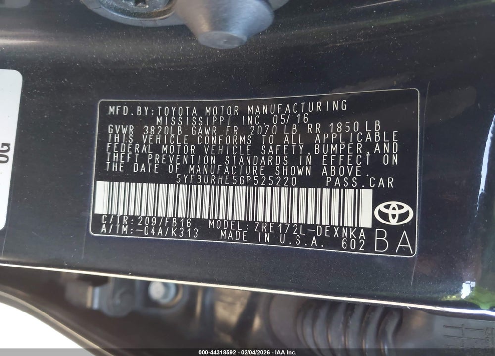 2016 TOYOTA COROLLA LE VIN: 5YFBURHE5GP525220