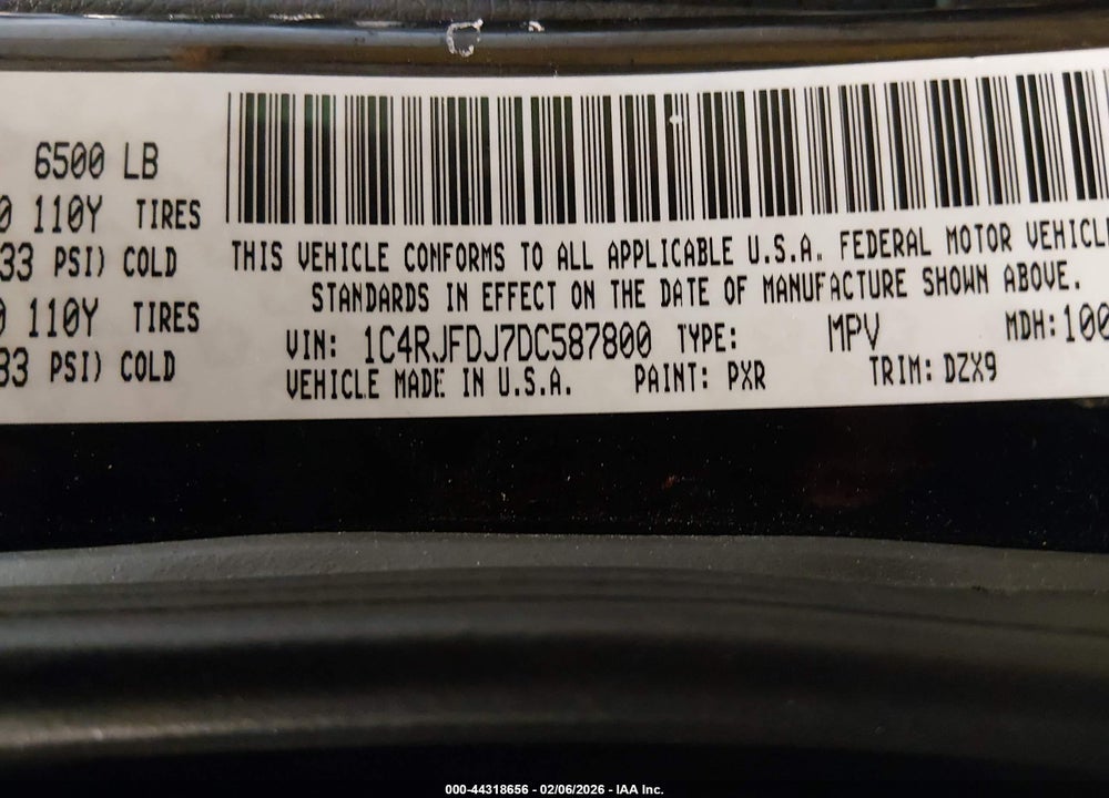2013 JEEP GRAND CHEROKEE SRT8 VAPOR VIN: 1C4RJFDJ7DC587800