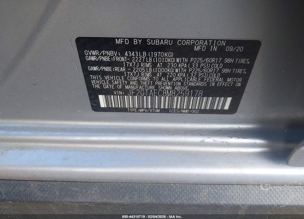2021 SUBARU CROSSTREK PREMIUM VIN: JF2GTAEC8M8259178